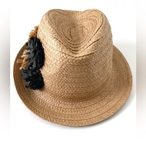 BCBGMaxAzria Straw Fedora Hat with Black and Tan Pom Accents